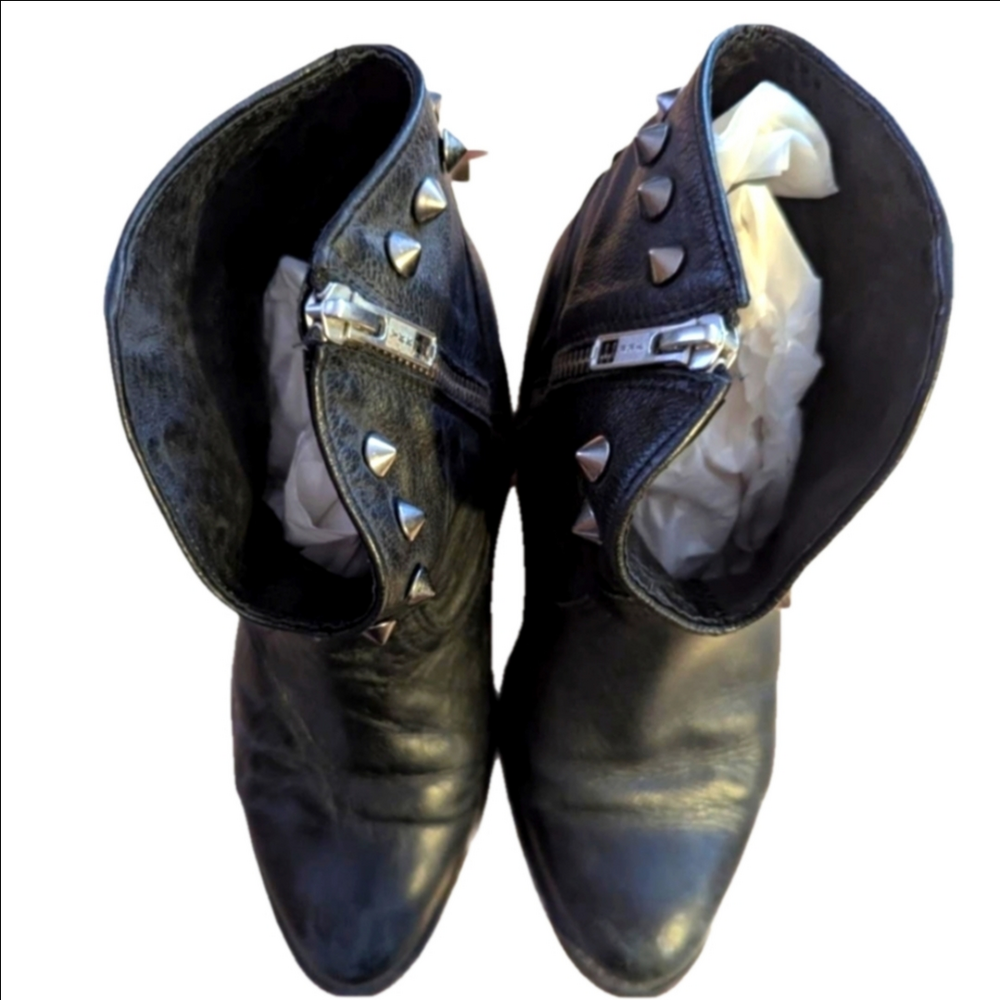 MINELLI French Black Leather Moto Rock Western Grunge Studded Booties Size 38